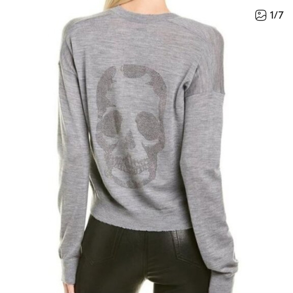 Zadig & Voltaire Happy Skull Gray Distressed V Neck Merino Wool Sweater. S